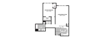 A floor plan of a house with a master bedroom, living/dining room, kitchen, and bath.