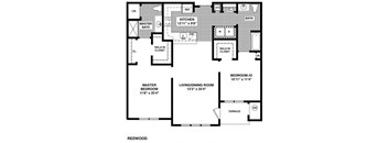 A black and white image of a house floor plan with a living room, two bedrooms, a kitchen, a bath, and a terrace.