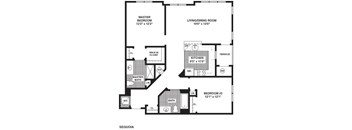 A black and white image of a Sequoia floor plan, showing a master bedroom, living/dining room, kitchen, and two bathrooms.