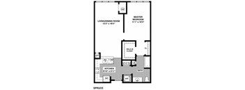 A black and white floor plan of a spruce model home.