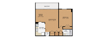 A floor plan of a house with a balcony, dining room, living room, kitchen, foyer, and bathroom.