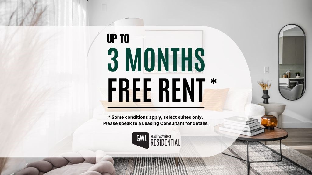 A promotional image for a 3 months free rent offer from GWL Residential.