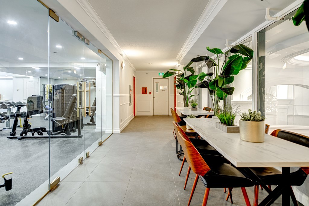 a conference room with a table and chairs and a large plant