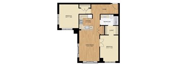 A floor plan of a house with a living room, two bedrooms, a kitchen, a bathroom, and a foyer.