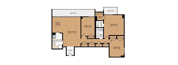 A floor plan of a house with a balcony, two bedrooms, a living room, a dining room, a kitchen, a foyer, and a bathroom.