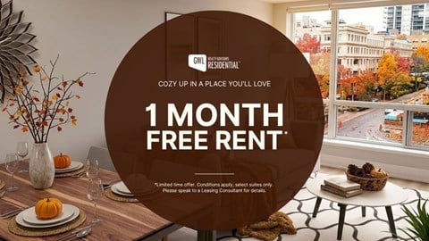 A promotional image for a 1 month free rent offer from GWL Residential.