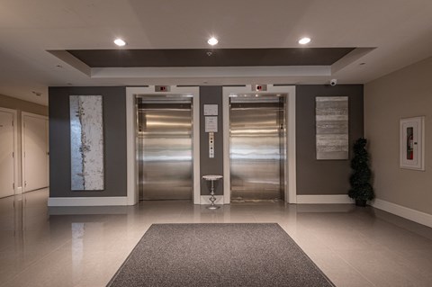 a lobby with two stainless steel elevators and a rug