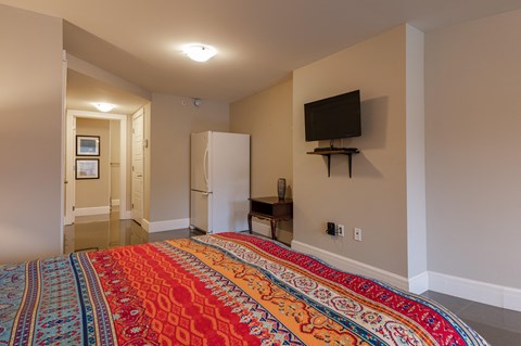 a bedroom with a bed and a refrigerator and a television