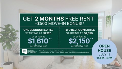 A promotional image for GWL Residential offering free rent and a bonus for a limited time.