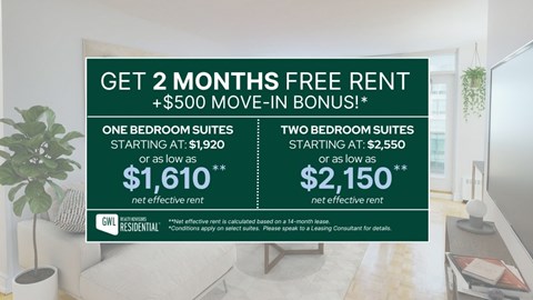 A promotional image for GWL Residential offering free rent and a bonus for a limited time.