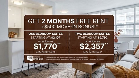 An advertisement for apartment rentals with a free two months rent offer.