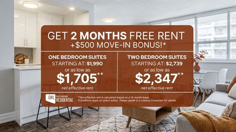 An advertisement for apartment rentals with a free 2 months rent offer.