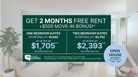 A promotional image for GWL Residential offering free rent and a bonus for a limited time.