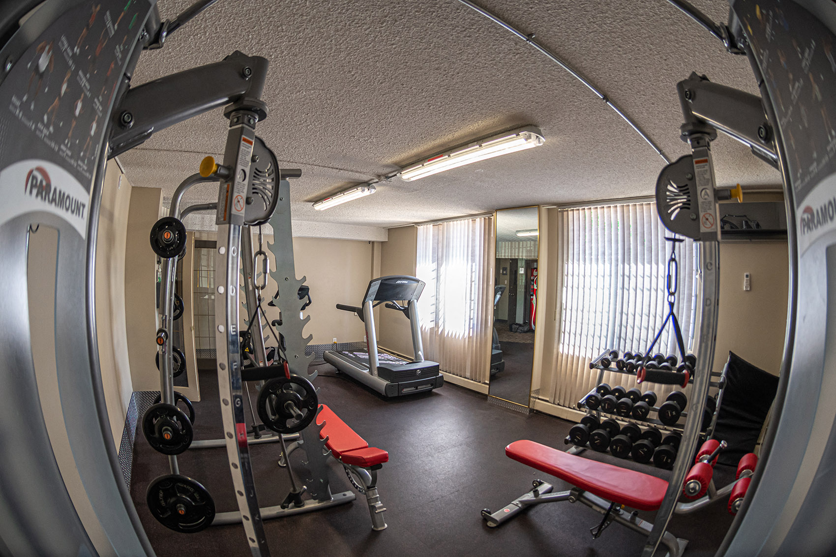 Available free weights and cardio machines.  Thumbnail click to zoom.