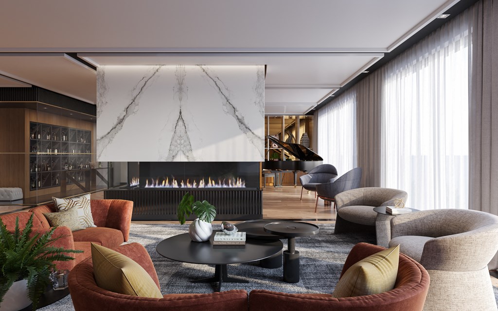 A modern living room with a fireplace and comfortable seating.