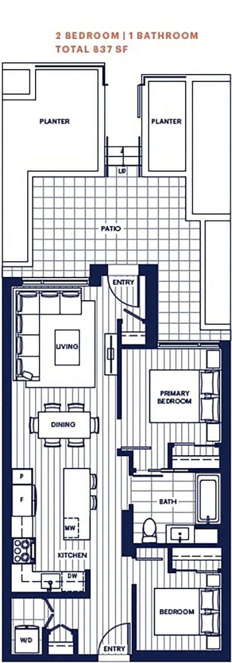 A floor plan of a garden home with two bedrooms and one bathroom.