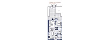 A floor plan of a one bedroom apartment with den and bathroom.
