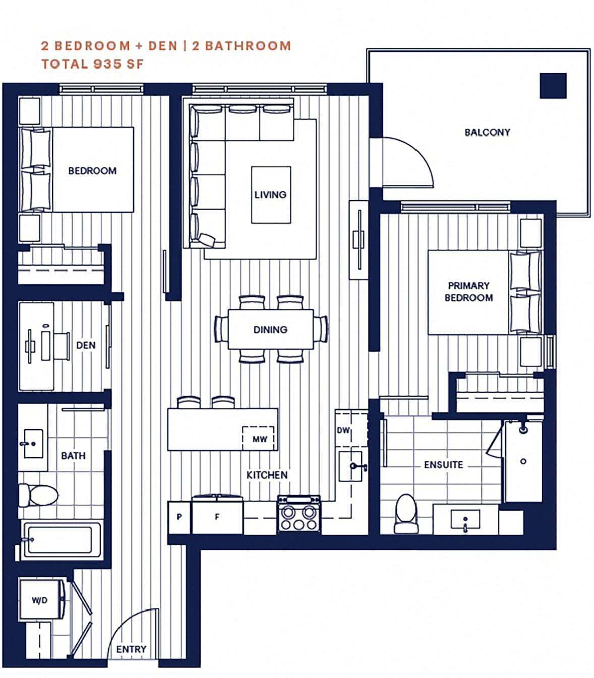 Garden Home 2 bed and den 2 bath 935sf