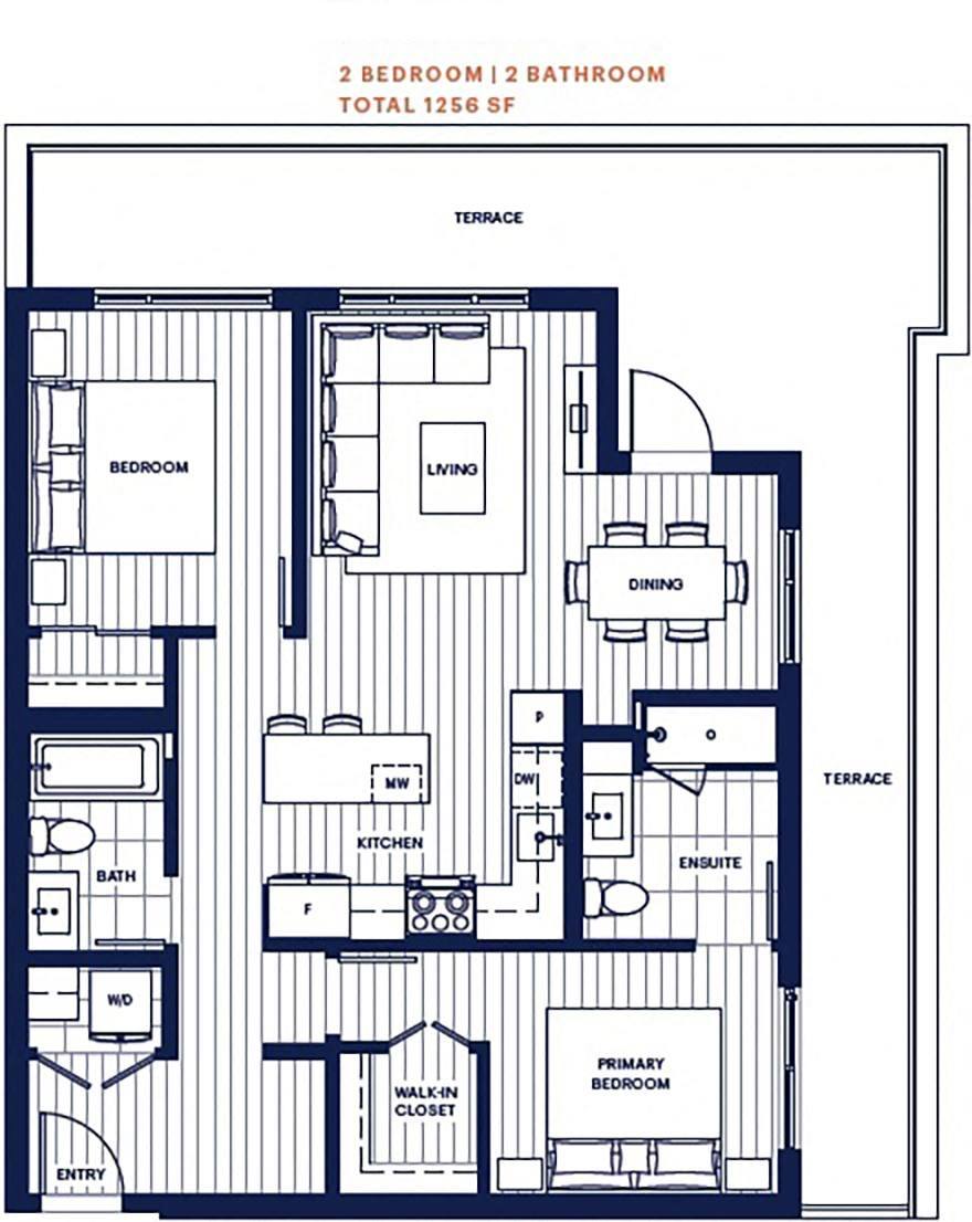 Penthouse 2 bed 2 bath 1256sf