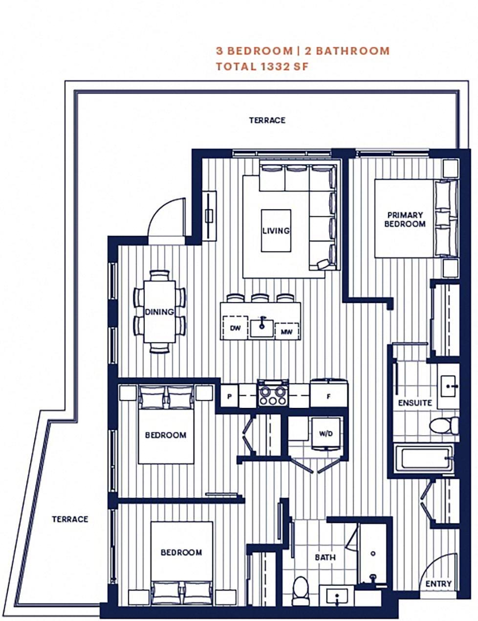 Penthouse 3 bed 2 bath 1332sf
