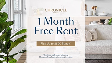 A promotional image for a 1 month free rent offer with a possible $500 bonus.