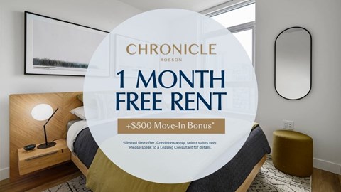 A bedroom with a bed, nightstand, and lamp, advertising a 1 month free rent offer.