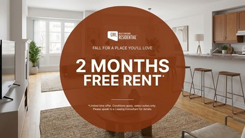 A promotional image for a 2 months free rent offer from GWL Residential.