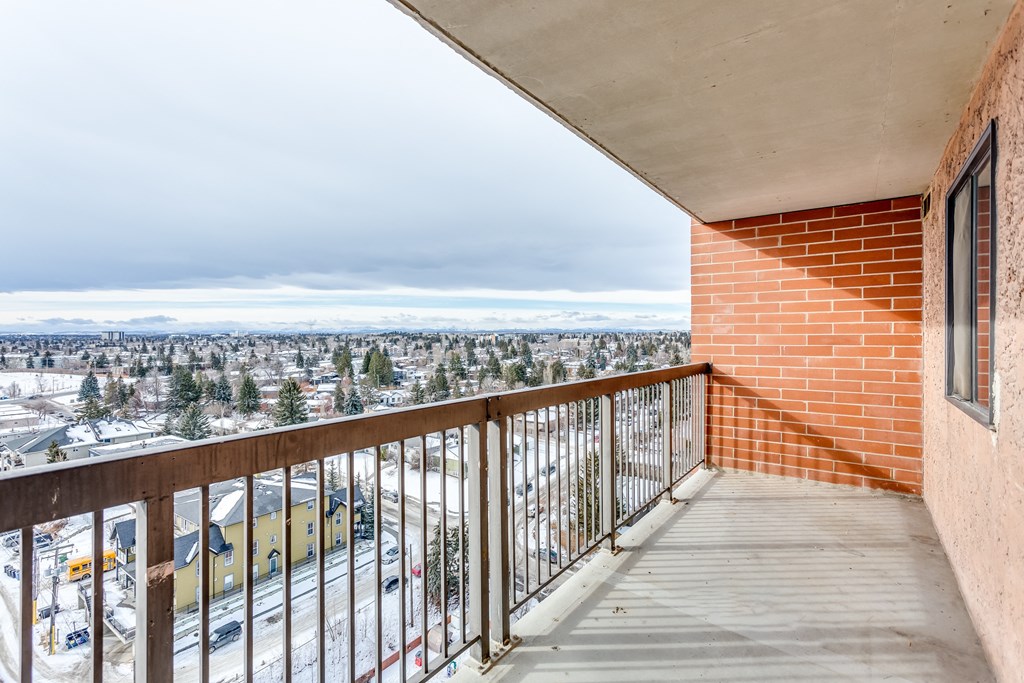 A balcony with a view of a snowy landscape.