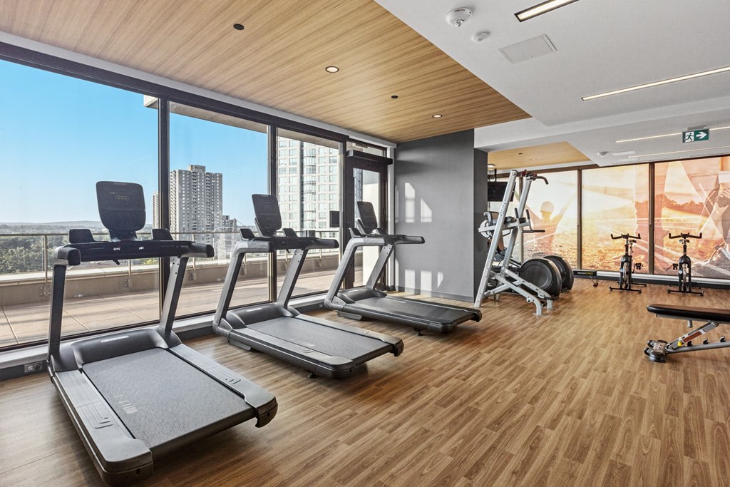 a gym with cardio equipment and a view of the city