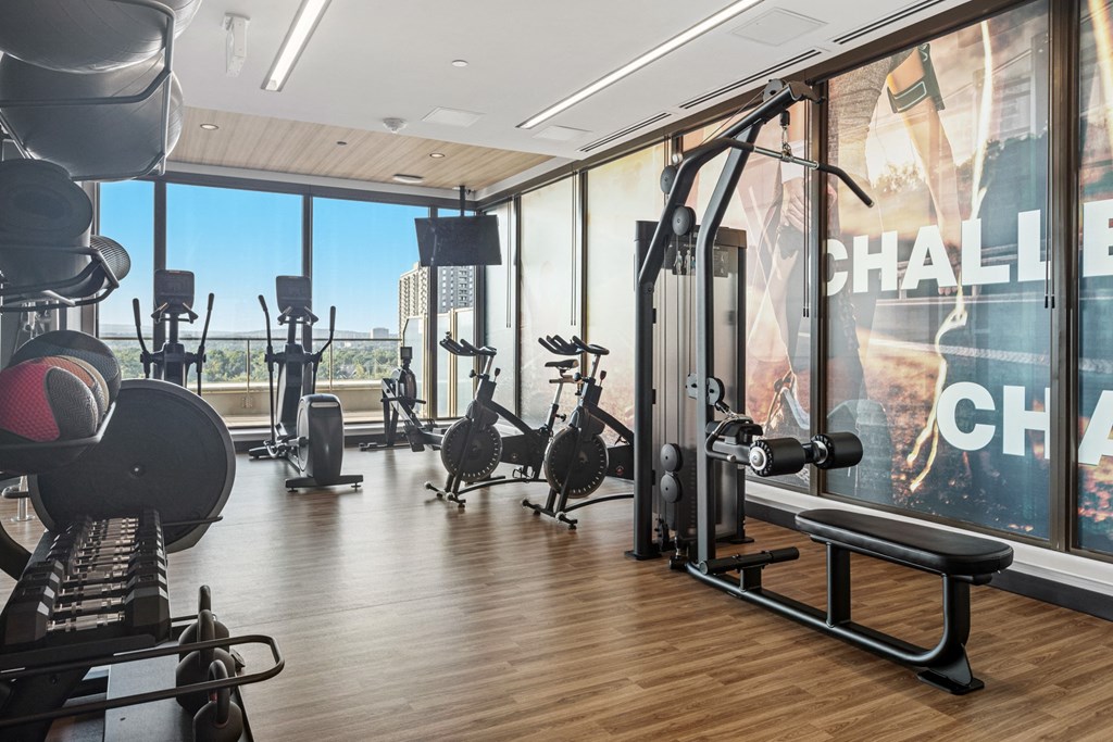 a gym with cardio equipment and a window view of the city