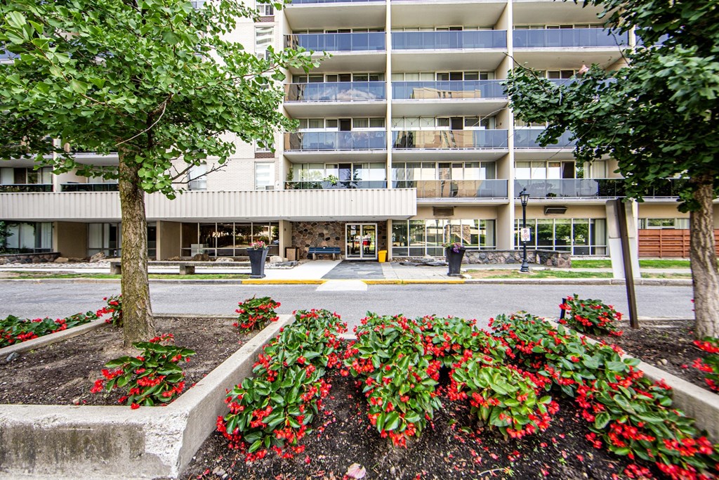 A large building with balconies and a tree with red flowers in front.