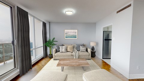 a living room with a couch and a coffee table