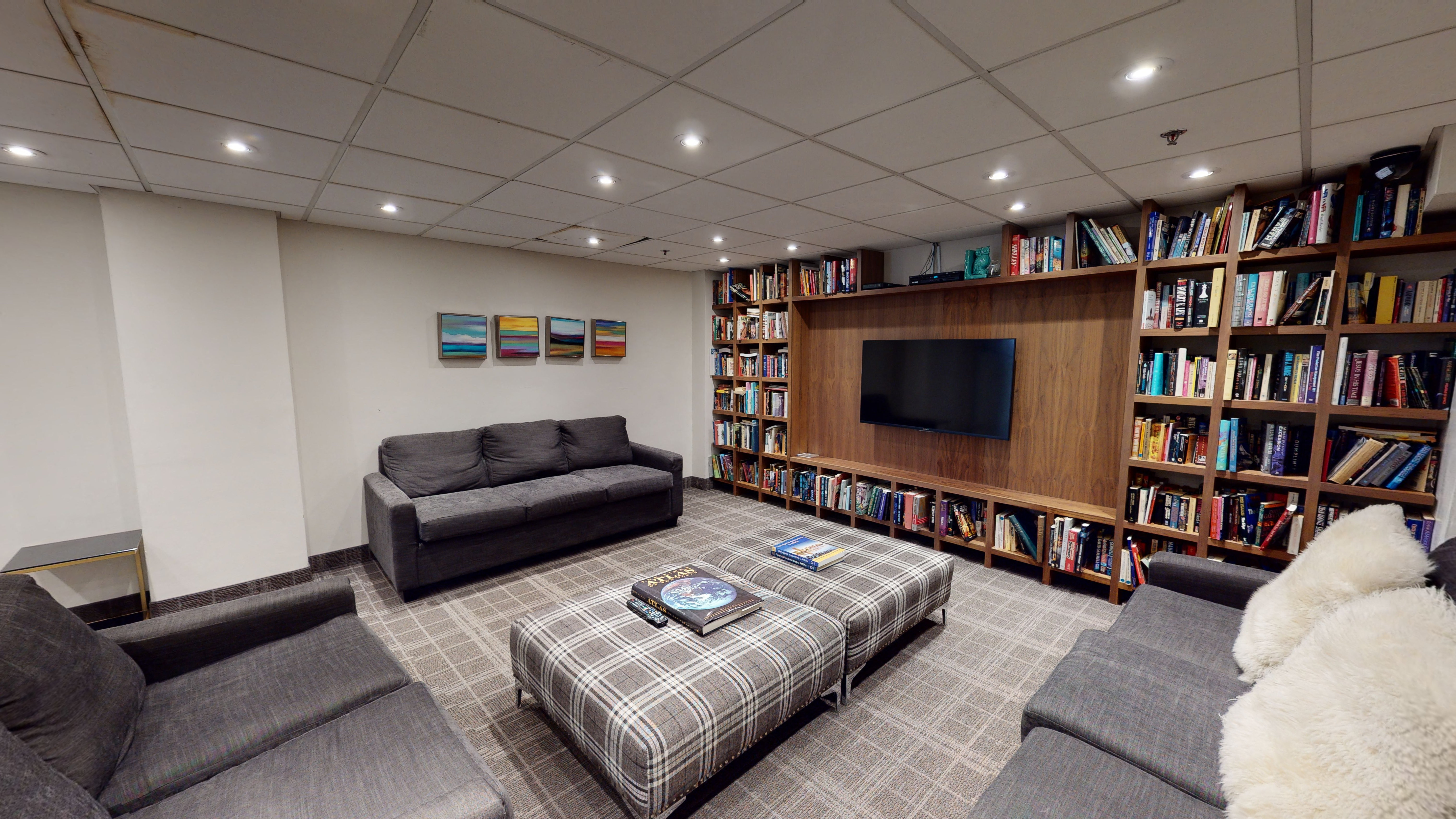 Library room with large book shelf, TV, and a seating area