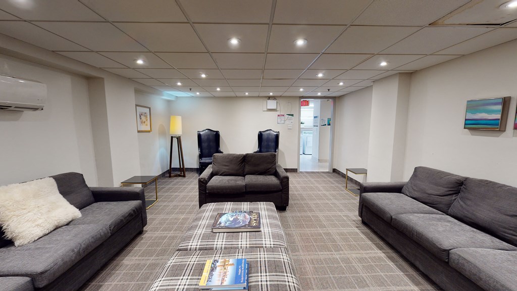 Spacious library room with multiple sofas