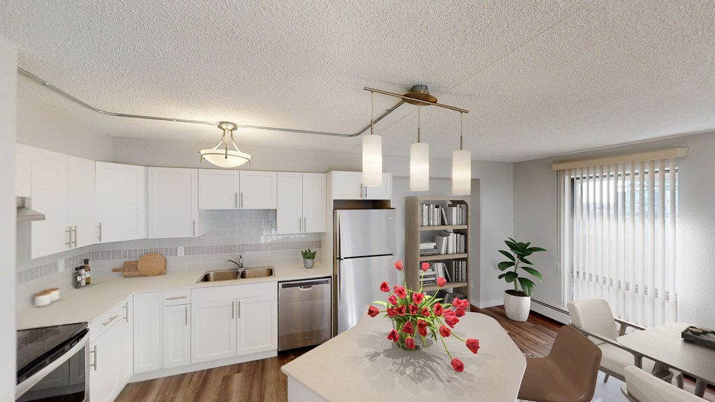 Kitchen with fridge, oven,  and counter space
