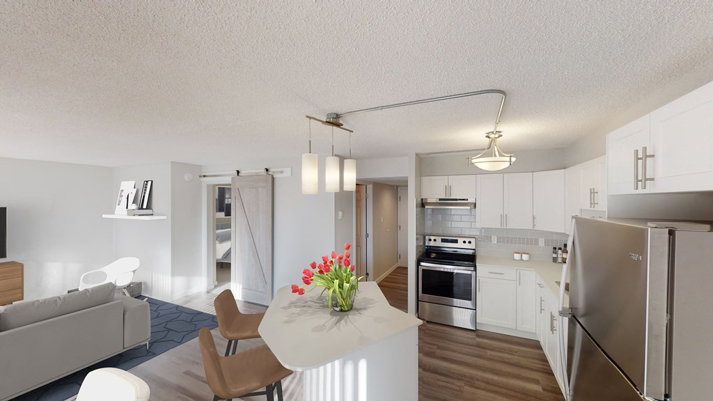 Kitchen with fridge, oven,  and counter space