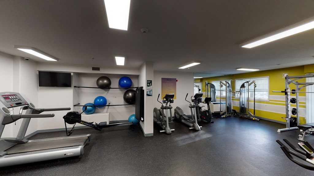 Fitness room with various machines and weights