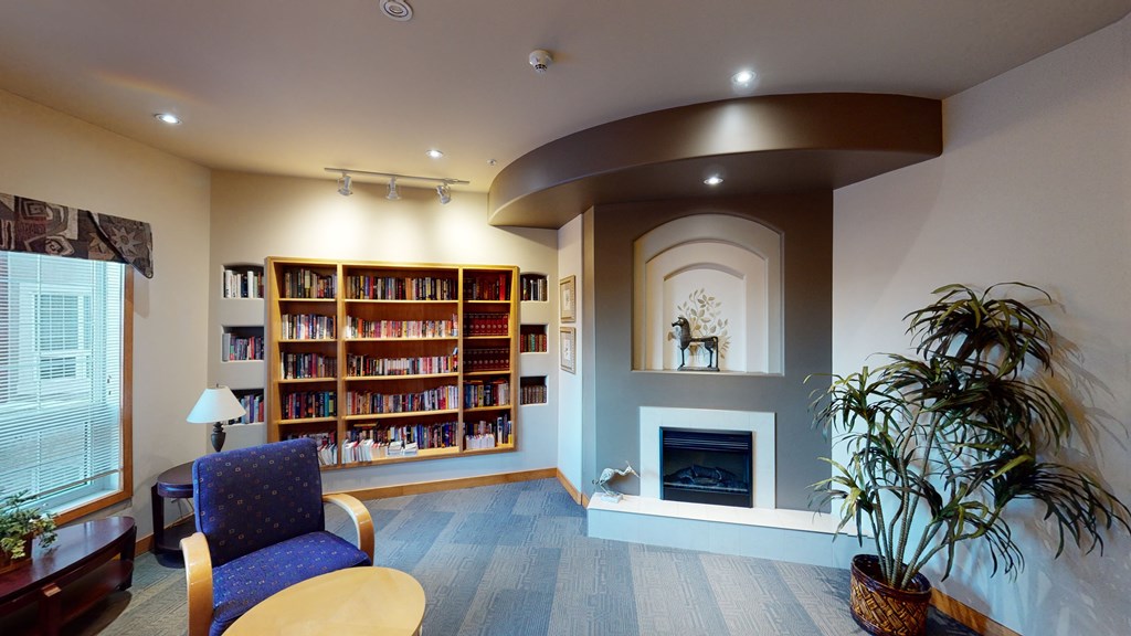Library with fireplace