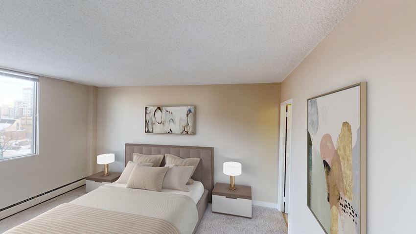 Bedroom with large bed and closet