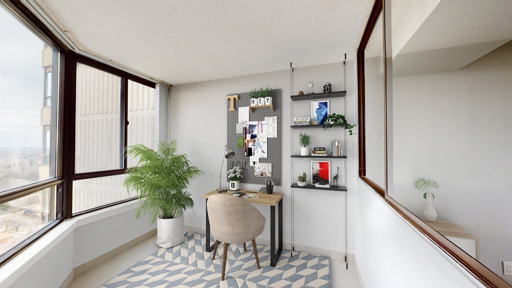 Desk area with large windows