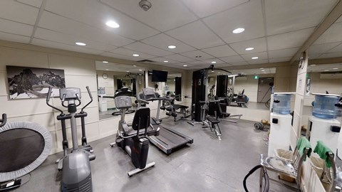 A gym with a variety of exercise equipment.