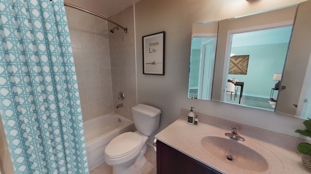 a bathroom with a shower toilet and sink and a mirror