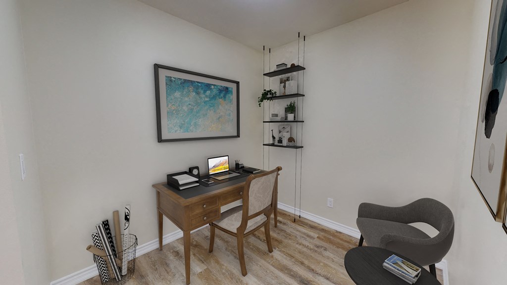 an office with a wooden desk and a chair in a room with a white wall