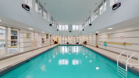 A large indoor swimming pool with a blue tiled bottom at Vivere.