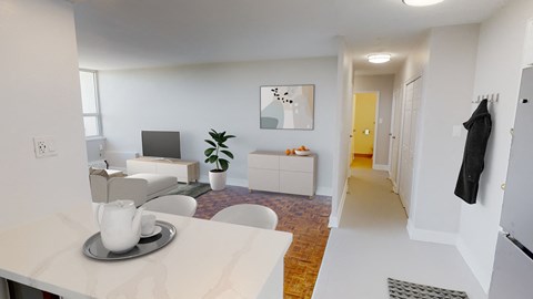 a living room and dining room with white furniture and a white table