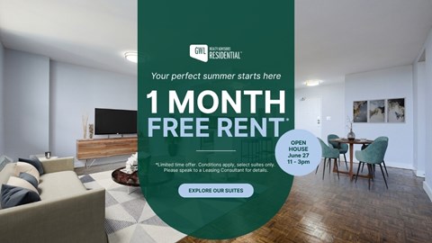 A room with a couch, a coffee table, and a television is advertised for a free one month rent.