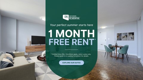 A room with a couch, a coffee table, and a television is shown in an advertisement for a free one-month rent.