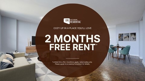 A room with a couch and a dining table is shown with an advertisement for a 2 months free rent offer.