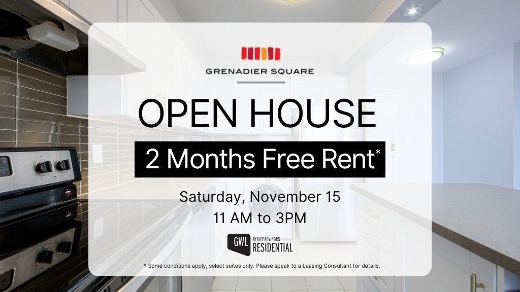 A sign advertising a 2 months free rent at Grenadier Square.