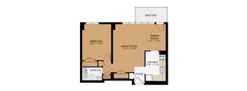 A floor plan of a house with a balcony, two bedrooms, a living room, a dining room, a kitchen, a bathroom, and a foyer.